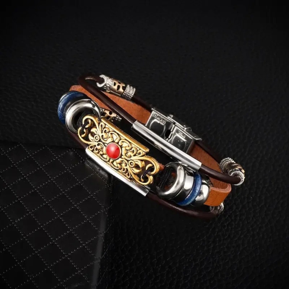 Stylish Minimalist Beaded Bracelet for Men & Women - Faux Leather‎ with Metallic